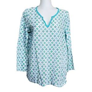 J Jill Top Womens Small Batik Tunic Green Blue White Geometric Cotton Boho